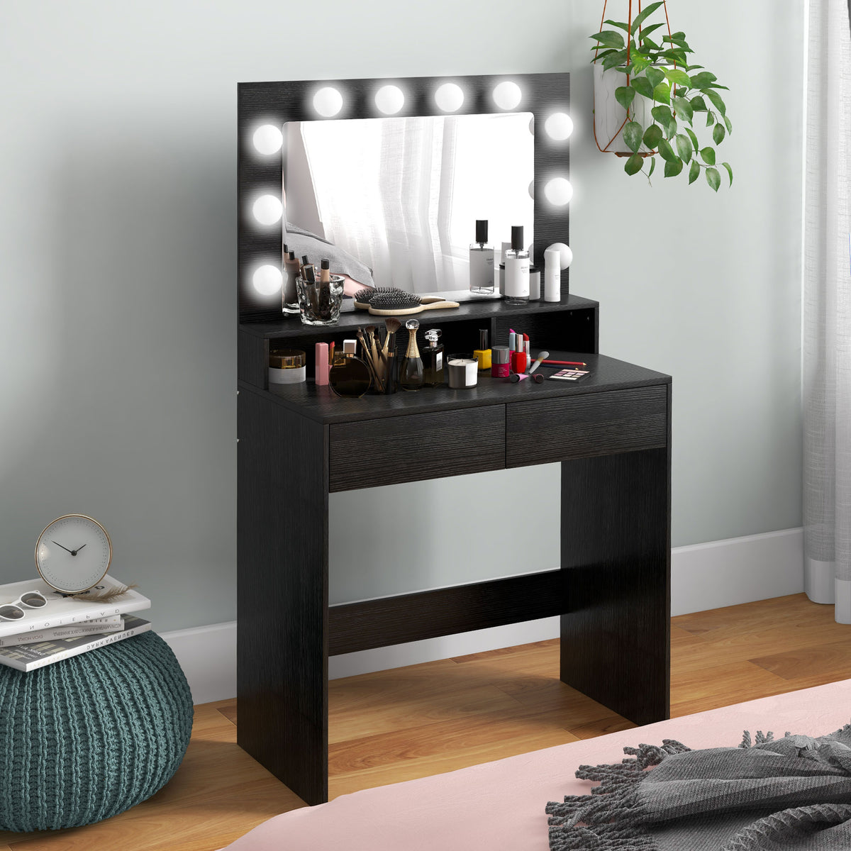 Vanity Table, Makeup Dressing Table with LED Lighting Mirror, Drawers, for Bedroom, Black – view 7