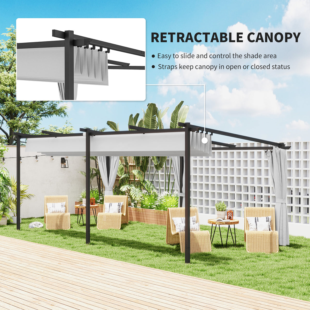 8' x 8.5' Metal Retractable Pergola Canopy with Sidewalls, Outdoor Gazebo UPF30+ Sun Shade Shelter for Garden, Deck