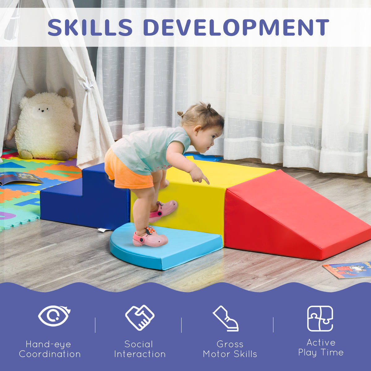 Qaba Crawl and Climb Foam Play Set Toddler Nugget 4 Pieces Lightweight Interactive Set for Climbing, Crawling, Sliding Play Zone for Baby Preschooler