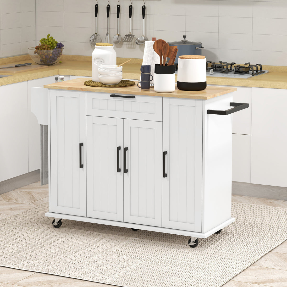 Modern Rolling Kitchen Island Cart with Drawers, Natural Wood Top, Towel Rack, Door Storage Cabinet, Black – view 21