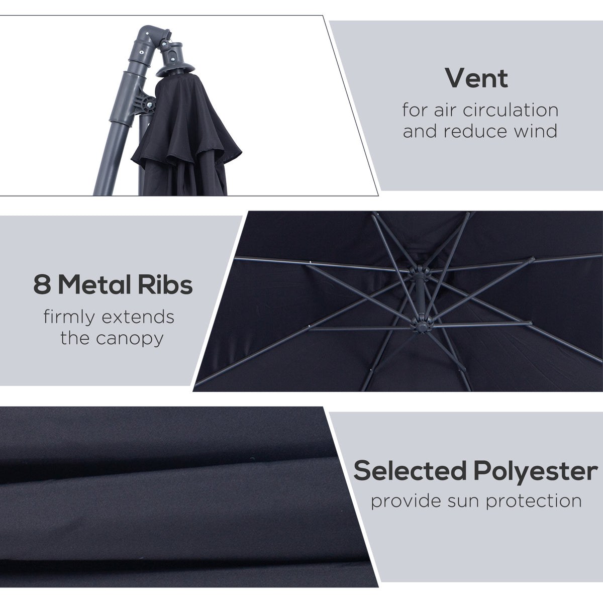 10' Deluxe Patio Umbrella Outdoor Market Parasol Banana Hanging Offset Sunshade Crank Cross Base Black – view 4