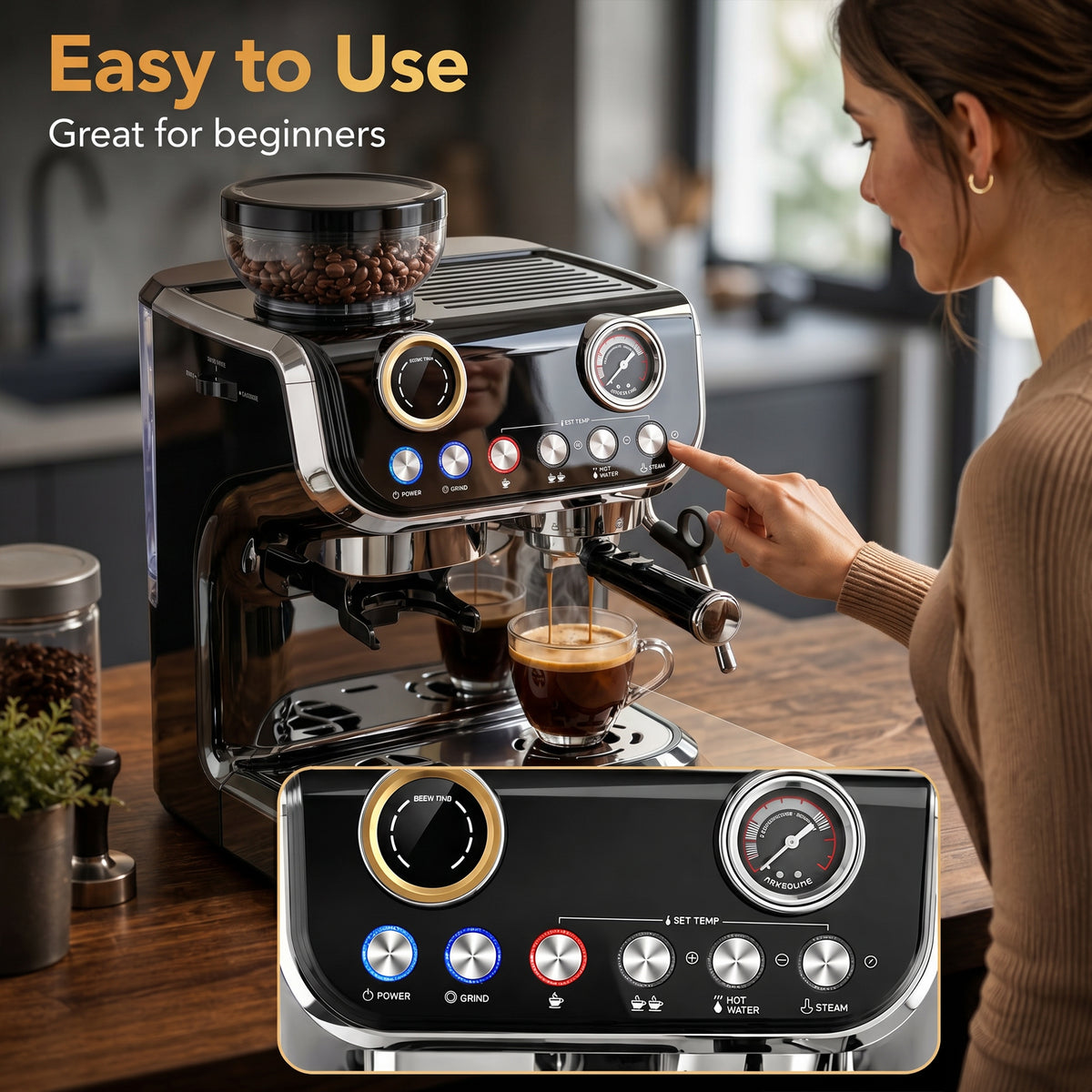 15 Bar Coffee Maker Espresso Machine with Grinder Milk Frother Stainless Steel Espresso Maker for Cappuccino Latte Black
