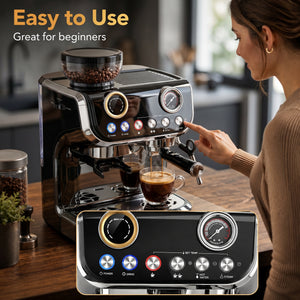 15 Bar Coffee Maker Espresso Machine with Grinder Milk Frother Stainless Steel Espresso Maker for Cappuccino Latte Black