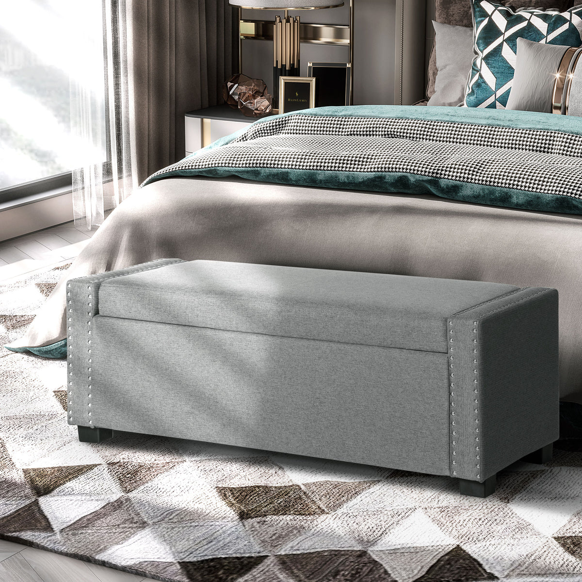 Upholstered Flip Top Storage Bench Fabric Ottoman for Bedroom, Living room, Dark Grey – view 14