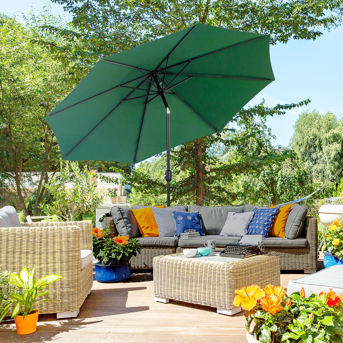 10' x 8' Round Market Umbrella, Patio Umbrella with Crank Handle and Tilt, Outdoor Parasol for Garden, Blue – view 28