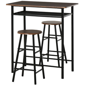 3 Piece Counter Height Bar Table Set with 1 Table, 2 Matching Stools, Dining Table Set with Storage Shelf and Metal Frame Footrest, Black and Oak
