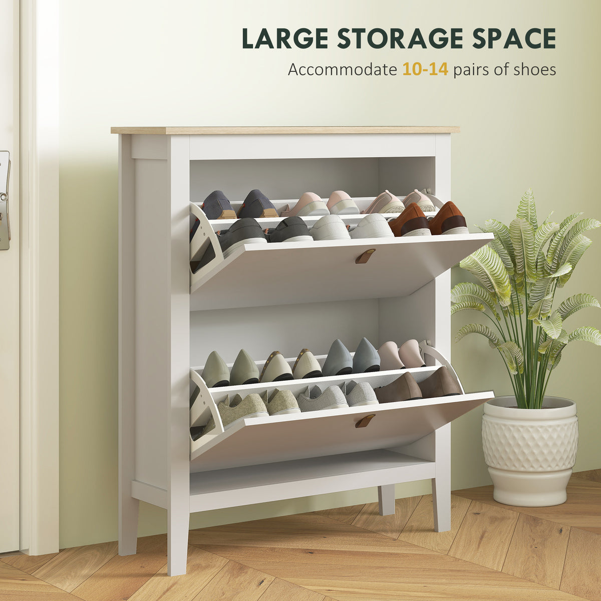 Narrow Shoe Cabinet with 2 Flip Drawers, Adjustable Shelves for Entryway, Holds 10-14 Pairs, White – view 3