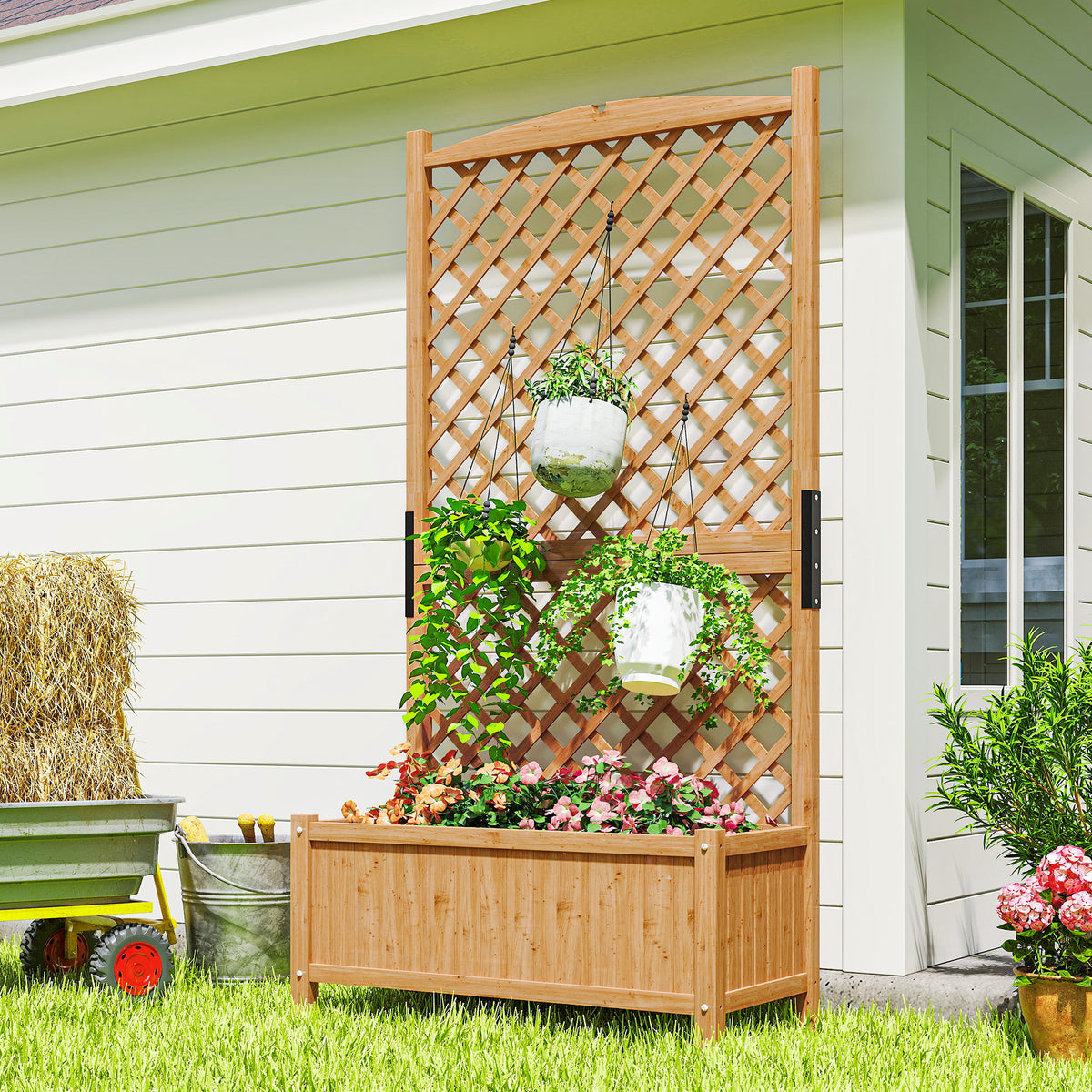 Raised Garden Bed with Trellis, Wooden Raised Planter Box with Elevated Raised Bed, 35.4" x 17.7" x 70.9", Yellow