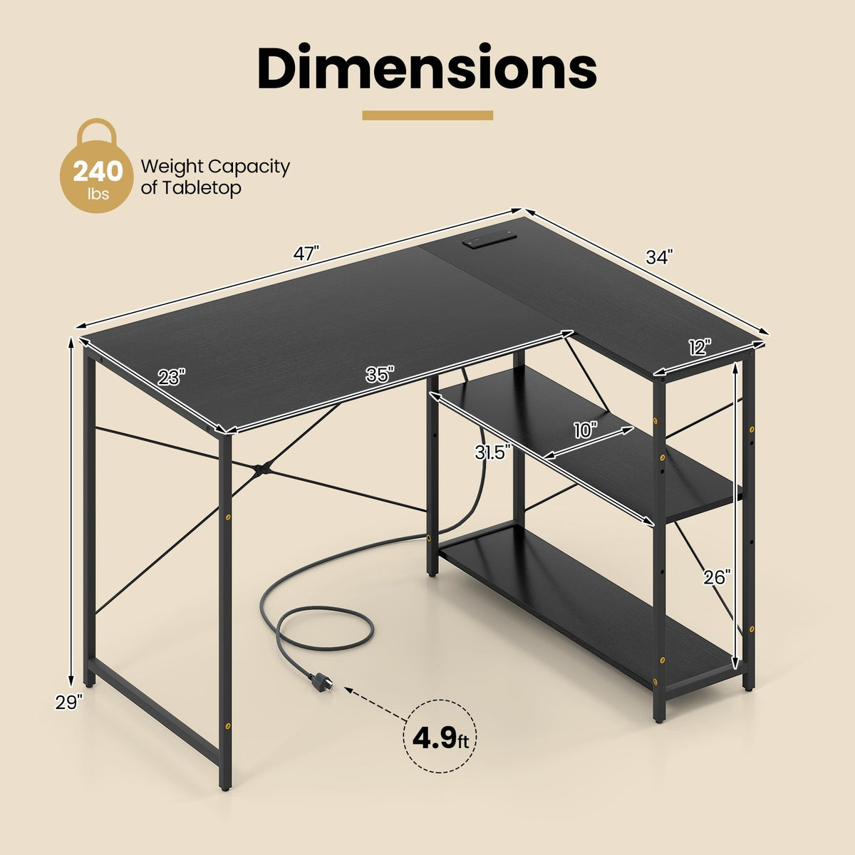 L-shaped 47 Inch Reversible Corner Desk with Adjustable Storage Shelves-Black view 5