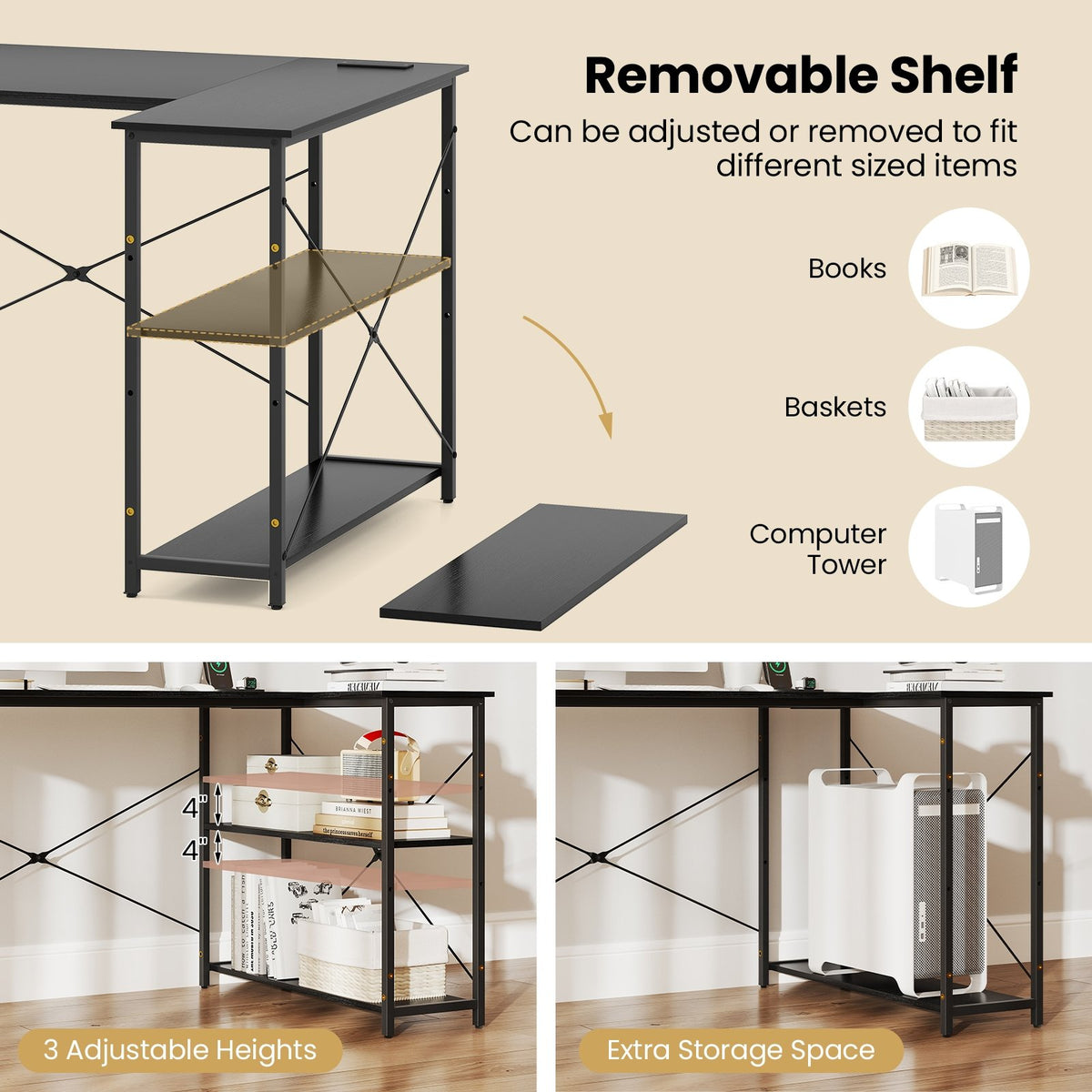 L-shaped 47 Inch Reversible Corner Desk with Adjustable Storage Shelves-Black view 7