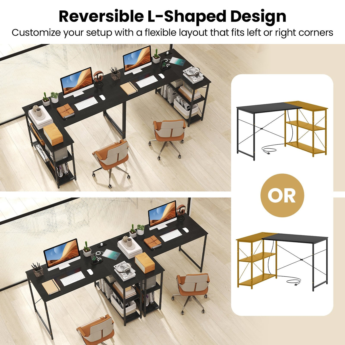 L-shaped 47 Inch Reversible Corner Desk with Adjustable Storage Shelves-Black view 9