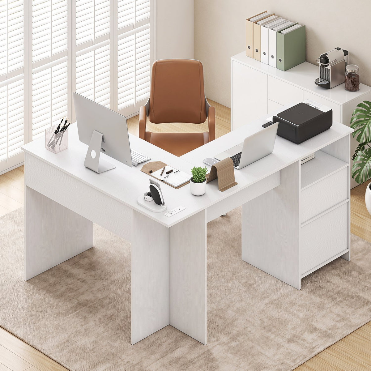 L-Shaped Computer Desk with Letter File Drawer-White view 3