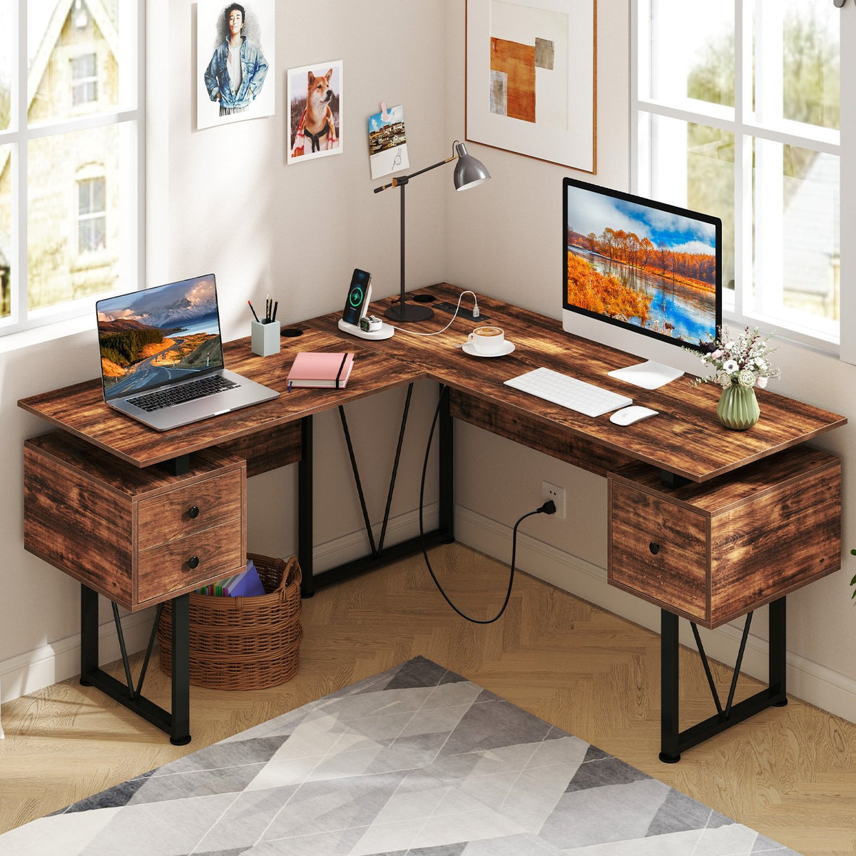 L-shaped Computer Desk with Power Outlets and 3 Storage Drawers-Rustic Brown view 2