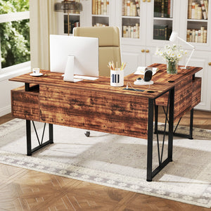 L-shaped Computer Desk with Power Outlets and 3 Storage Drawers-Rustic Brown view 3
