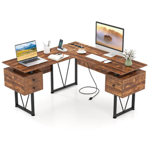 L-shaped Computer Desk with Power Outlets and 3 Storage Drawers-Rustic Brown view 4