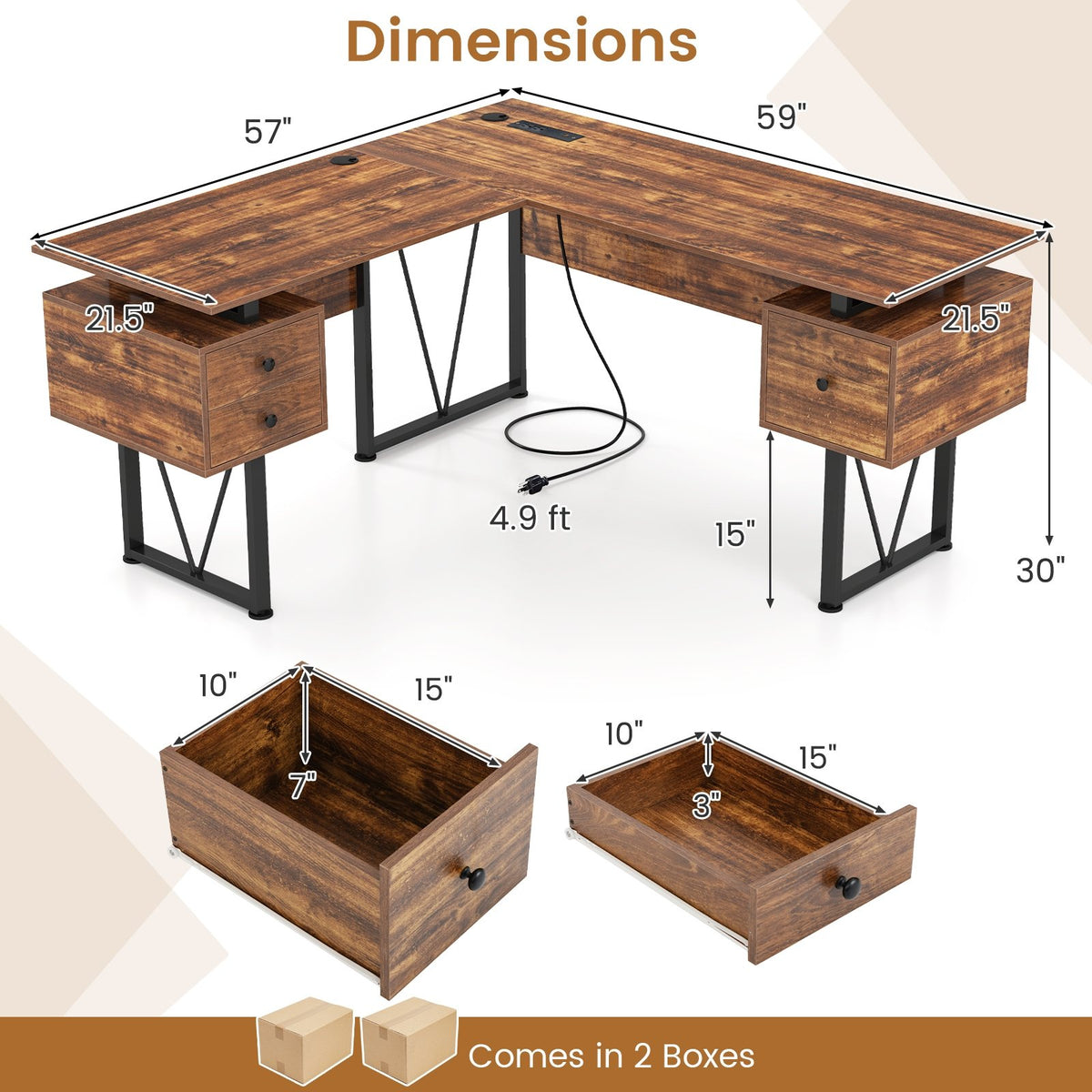 L-shaped Computer Desk with Power Outlets and 3 Storage Drawers-Rustic Brown view 5