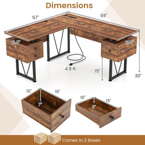 L-shaped Computer Desk with Power Outlets and 3 Storage Drawers-Rustic Brown view 5