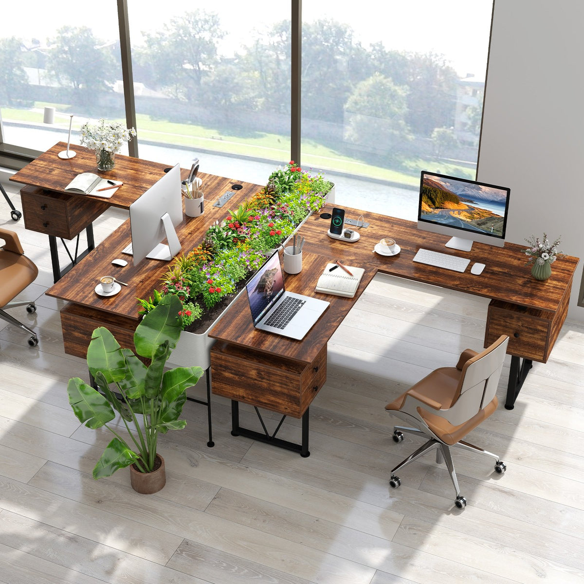 L-shaped Computer Desk with Power Outlets and 3 Storage Drawers-Rustic Brown view 6
