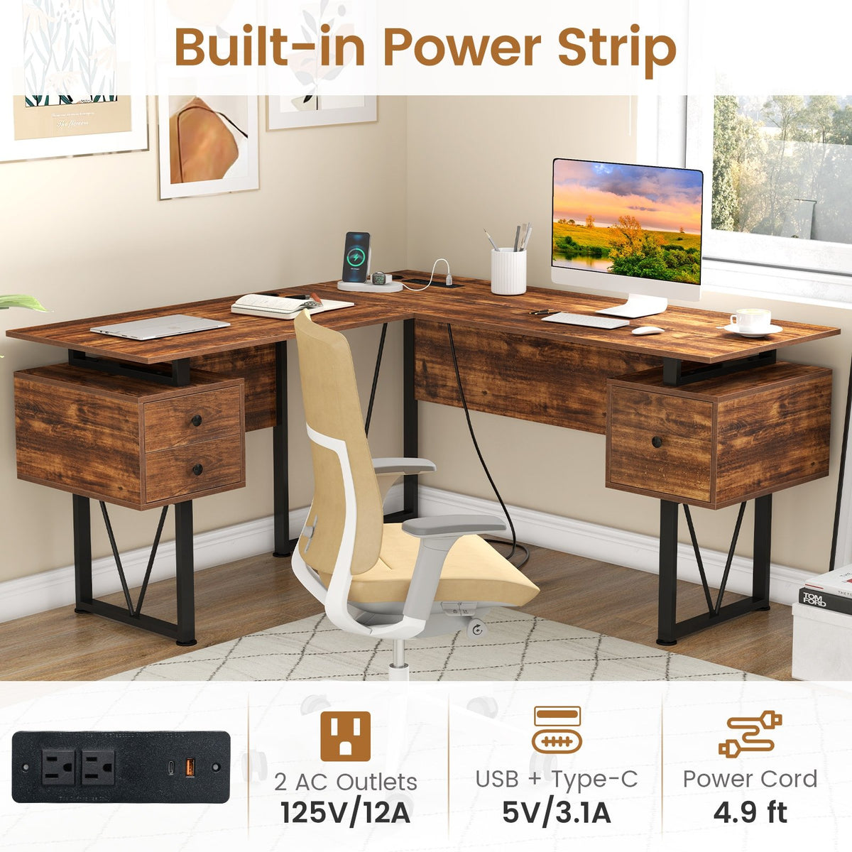 L-shaped Computer Desk with Power Outlets and 3 Storage Drawers-Rustic Brown view 7