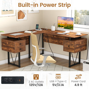 L-shaped Computer Desk with Power Outlets and 3 Storage Drawers-Rustic Brown view 7