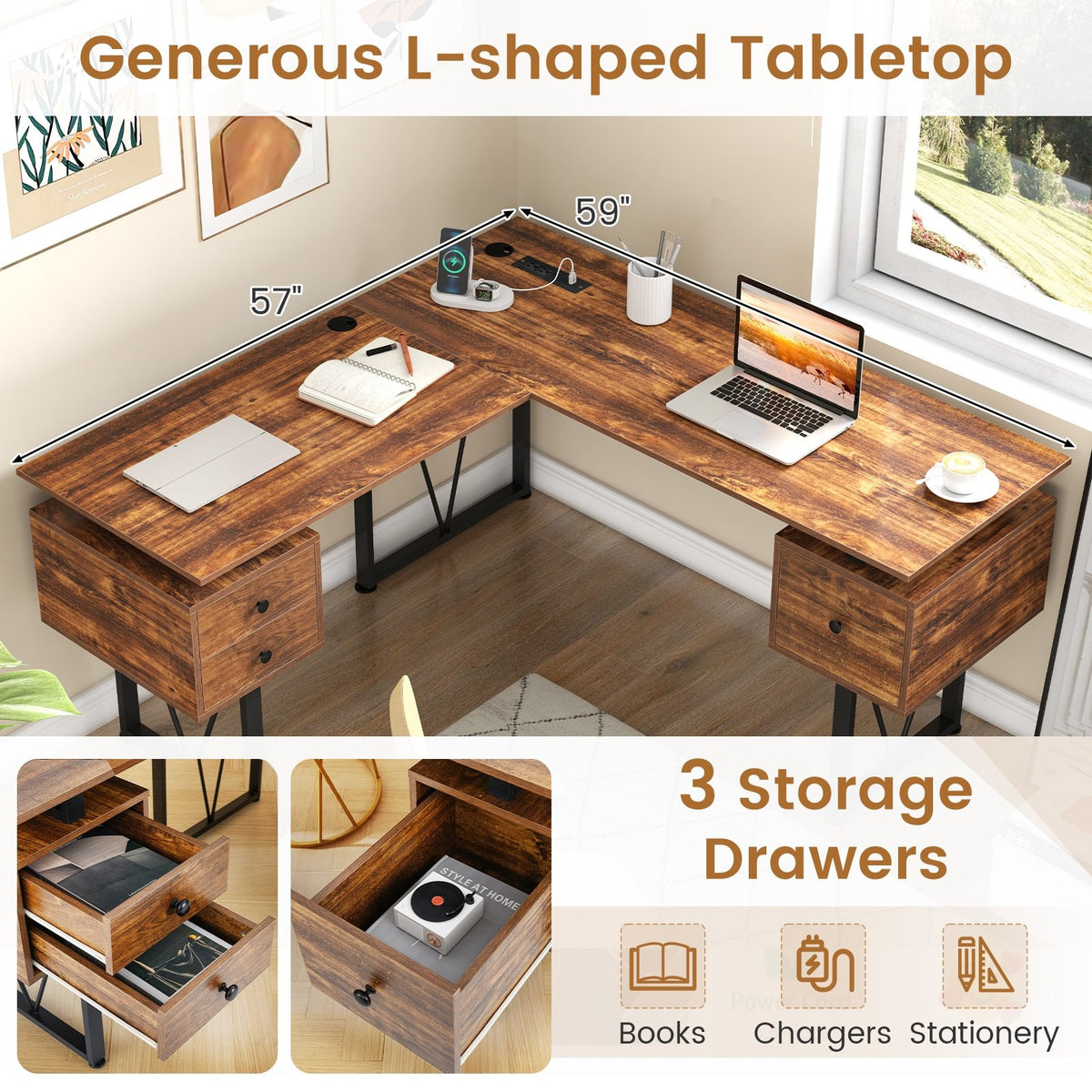 L-shaped Computer Desk with Power Outlets and 3 Storage Drawers-Rustic Brown view 8