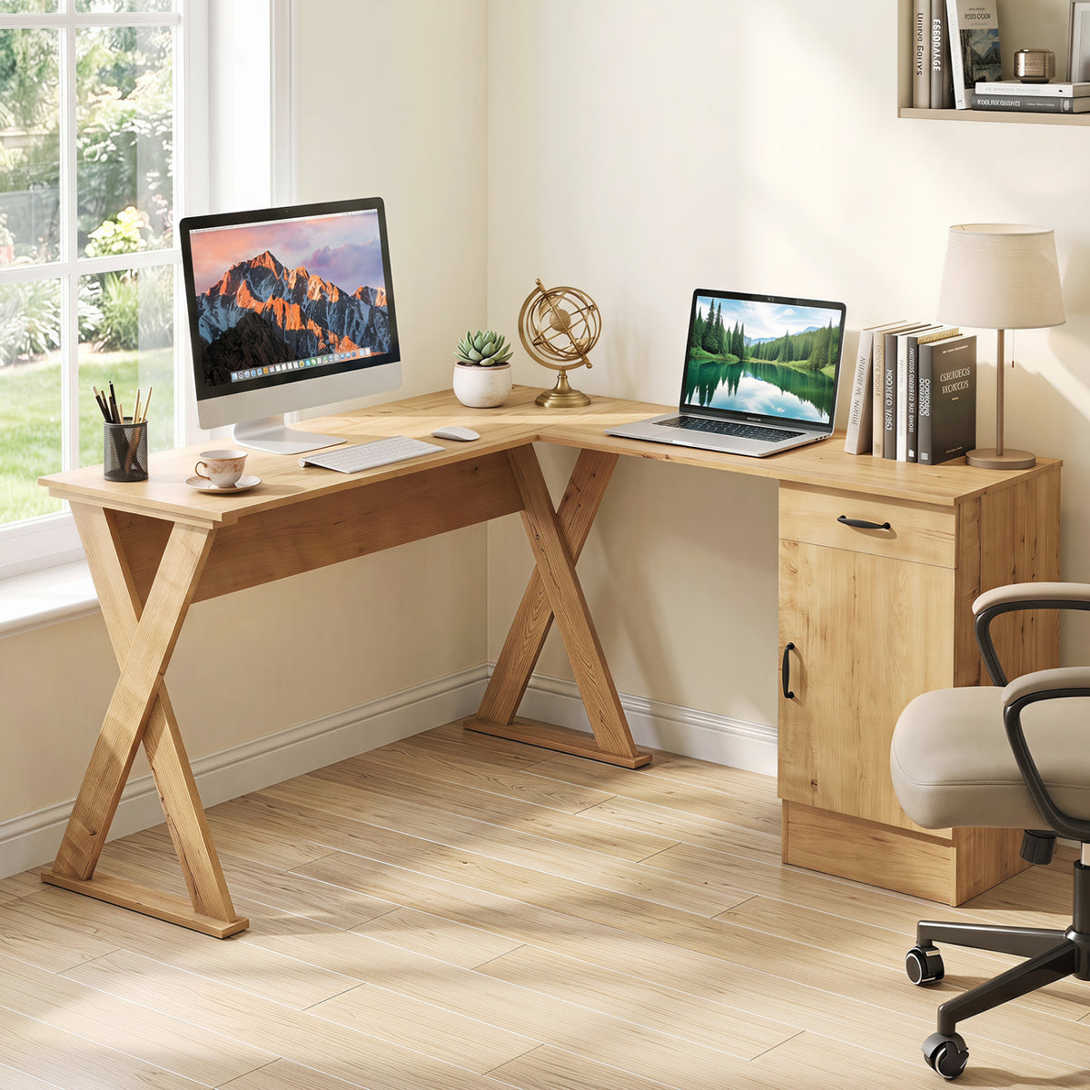 L-Shaped Computer Desk with Reversible Drawer and Cabinet for Bedroom and Small Spaces Workstation-Oak view 2