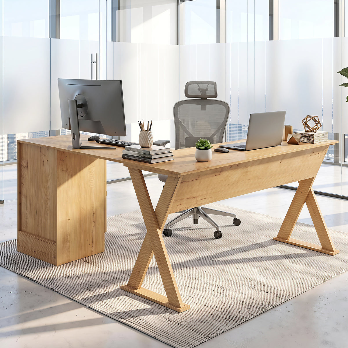 L-Shaped Computer Desk with Reversible Drawer and Cabinet for Bedroom and Small Spaces Workstation-Oak view 3
