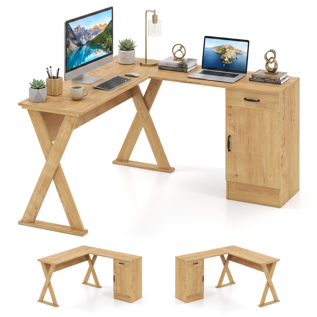 L-Shaped Computer Desk with Reversible Drawer and Cabinet for Bedroom and Small Spaces Workstation-Oak view 4