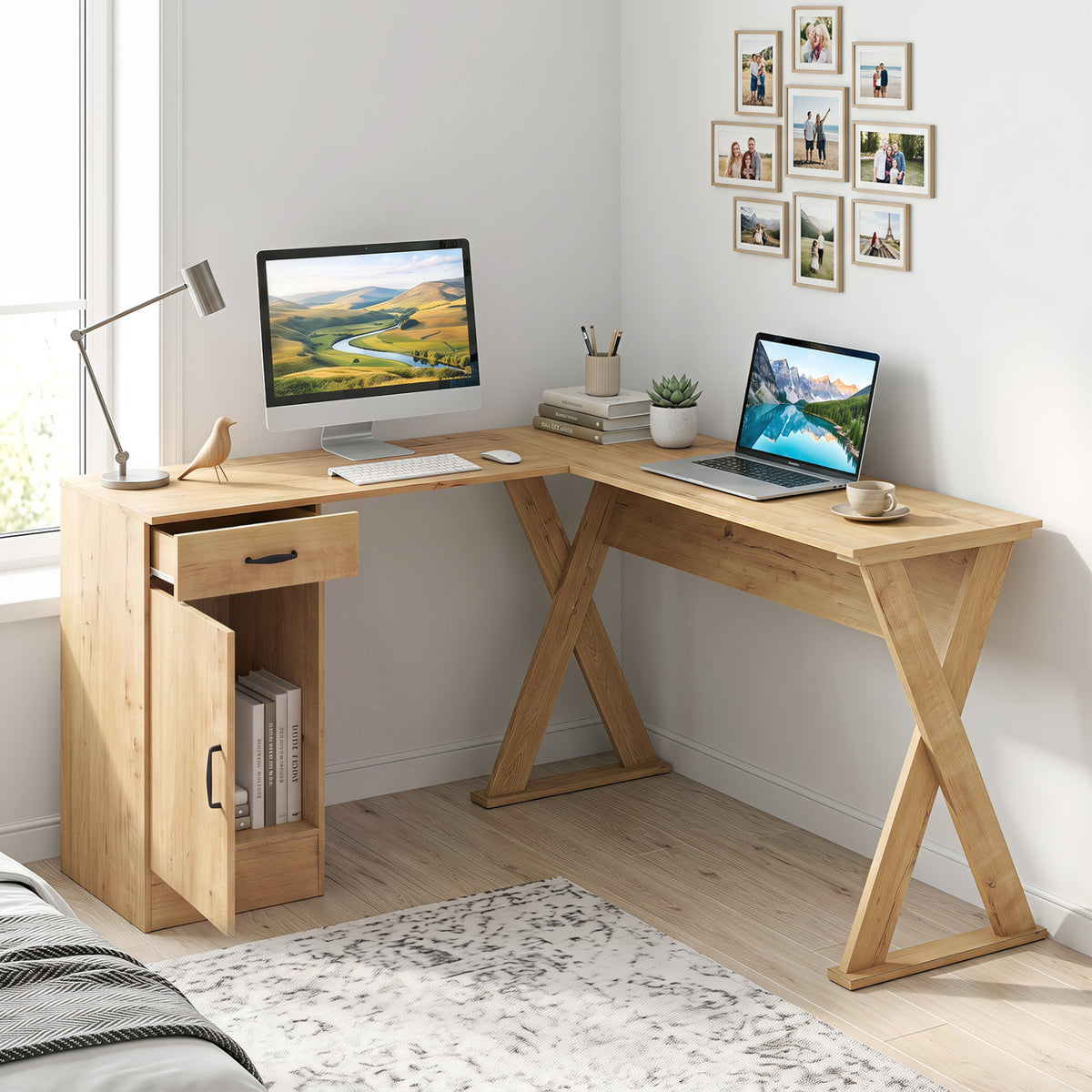 L-Shaped Computer Desk with Reversible Drawer and Cabinet for Bedroom and Small Spaces Workstation-Oak view 6