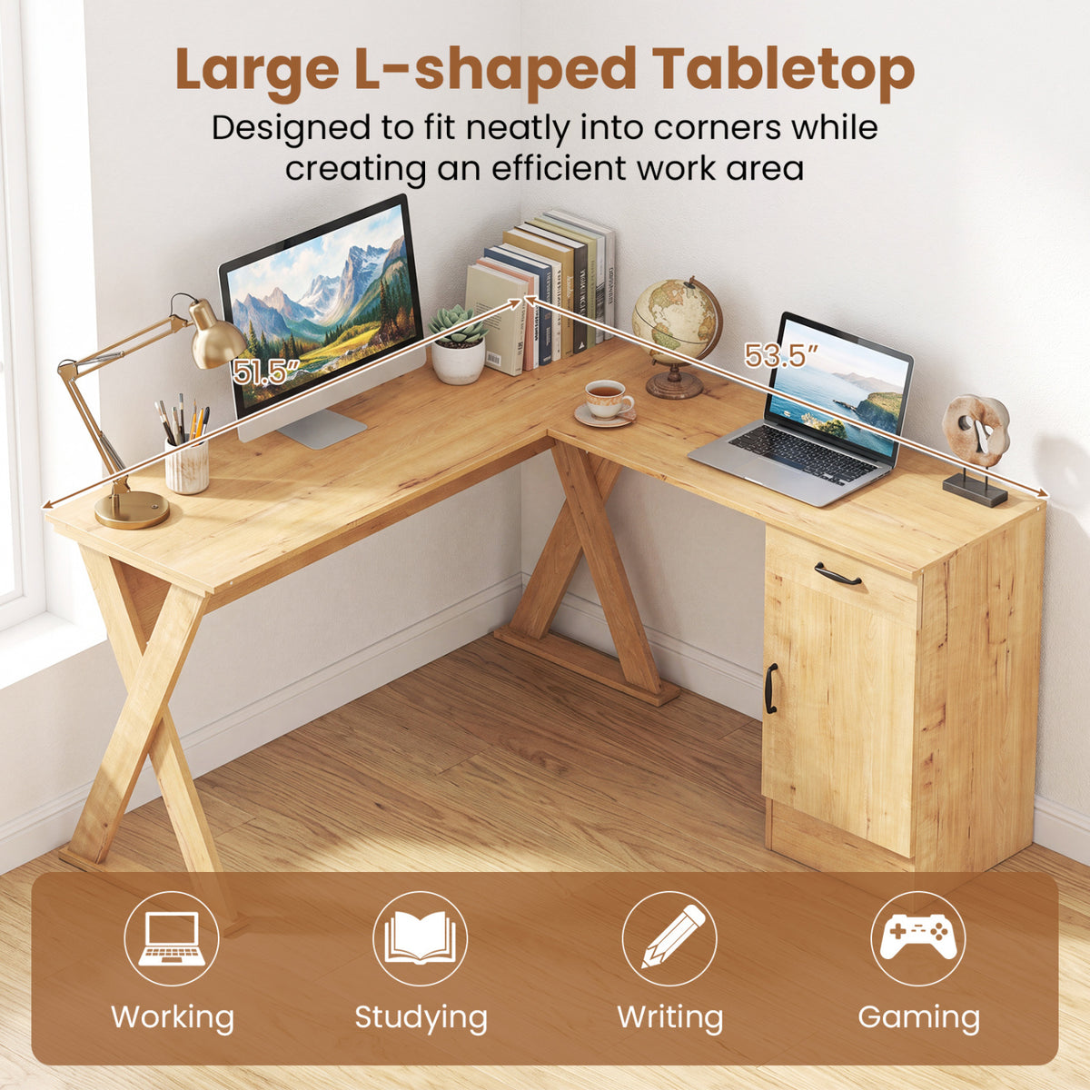 L-Shaped Computer Desk with Reversible Drawer and Cabinet for Bedroom and Small Spaces Workstation-Oak view 7