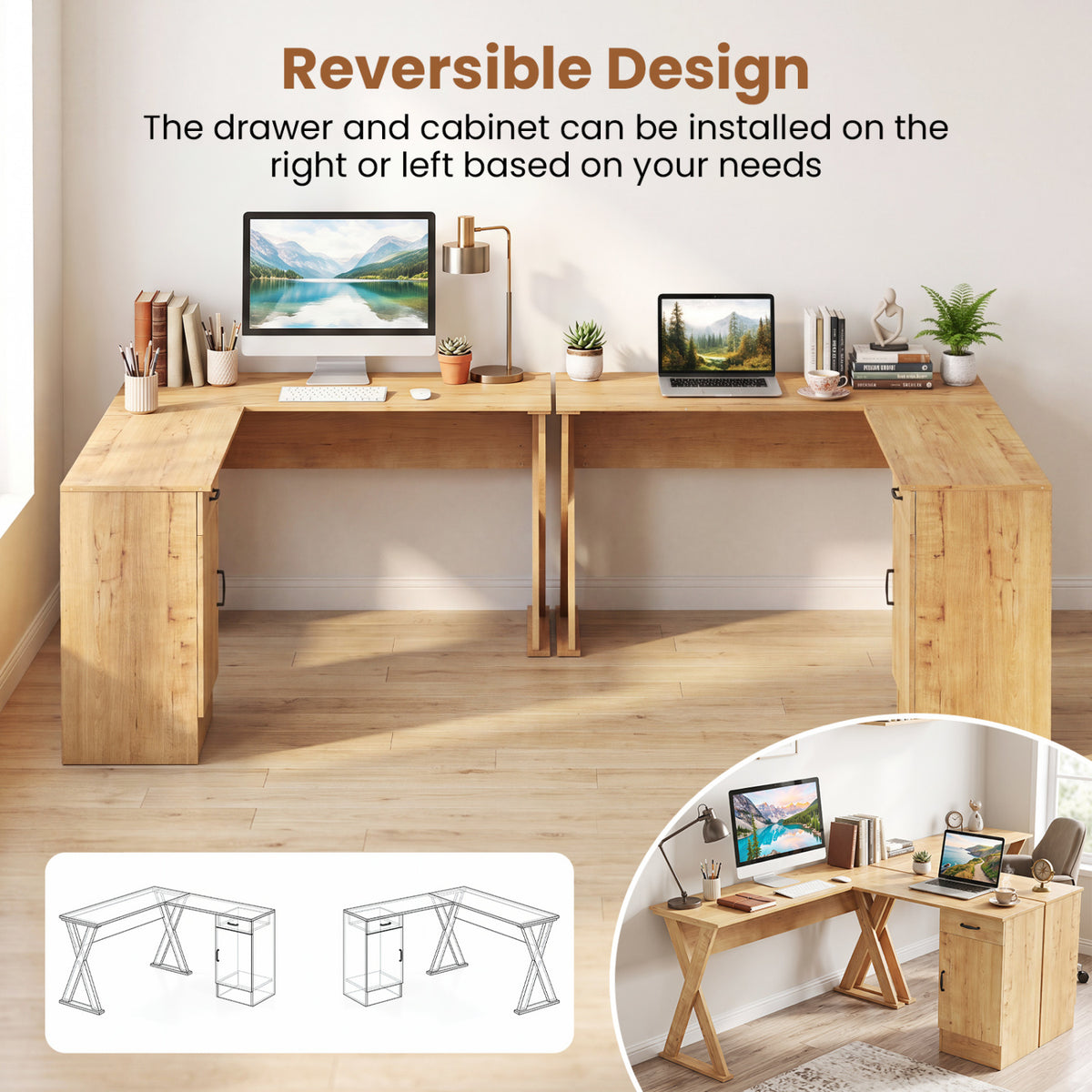 L-Shaped Computer Desk with Reversible Drawer and Cabinet for Bedroom and Small Spaces Workstation-Oak view 9