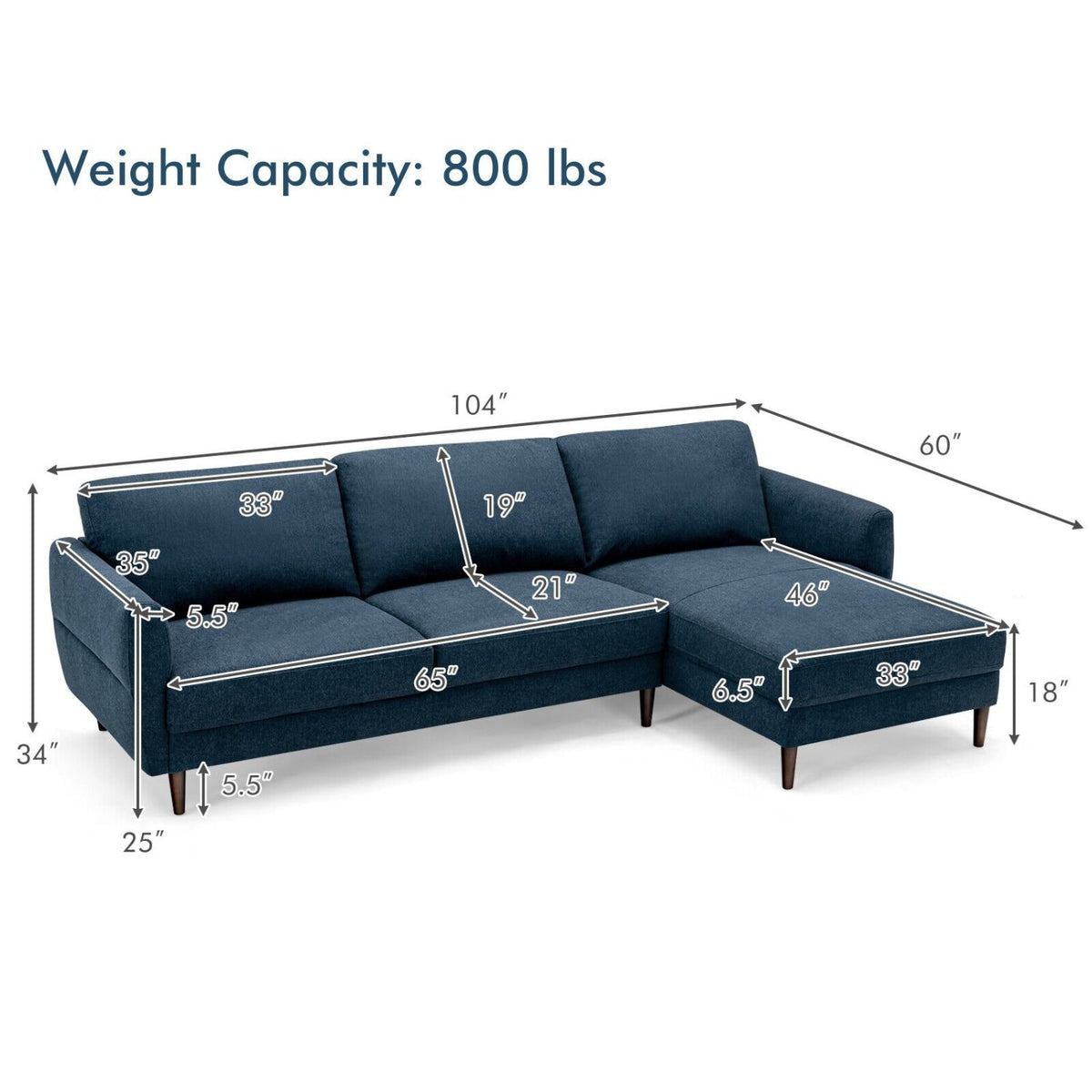 L-Shaped Fabric Sectional Sofa with Chaise Lounge and Solid Wood Legs-Navy view 5