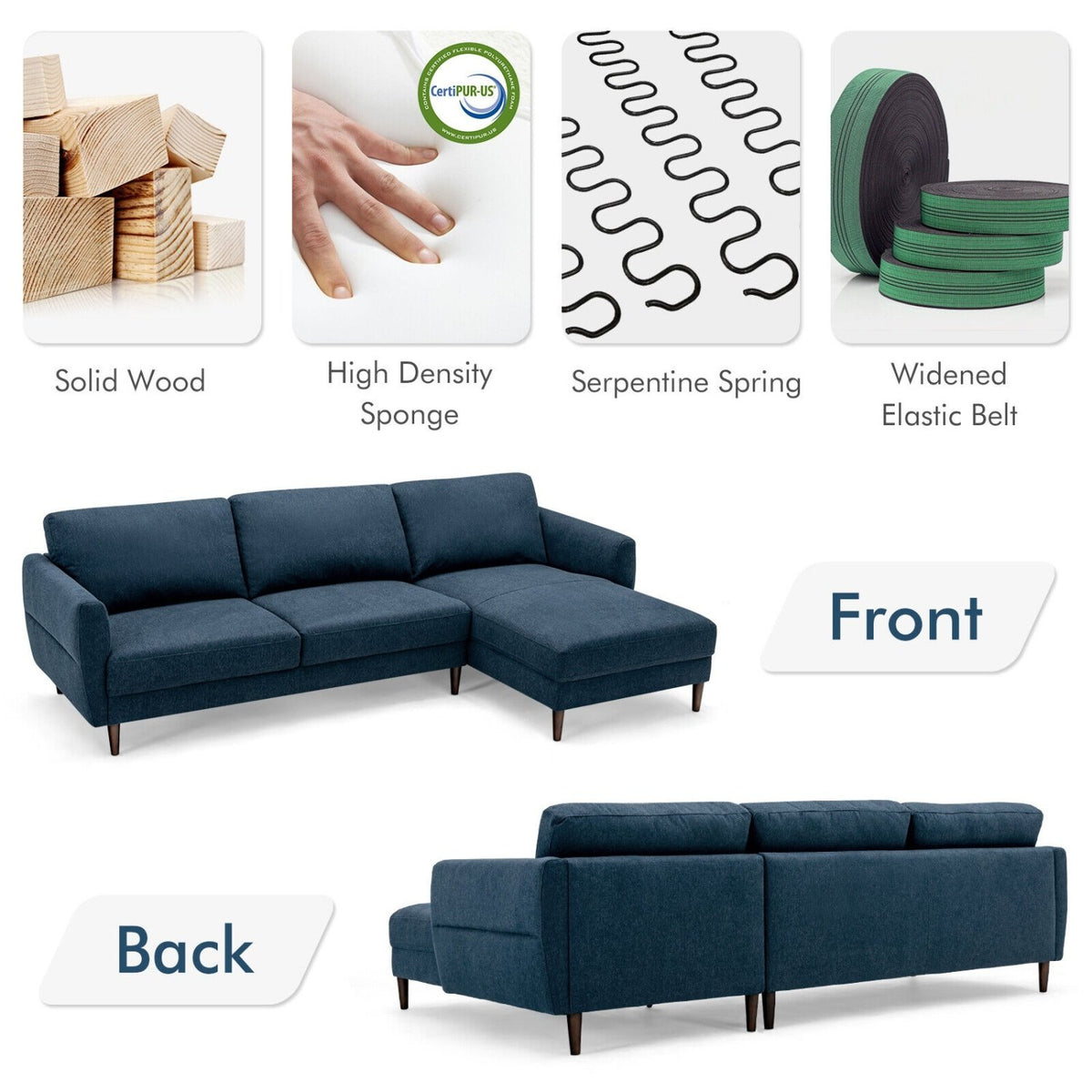 L-Shaped Fabric Sectional Sofa with Chaise Lounge and Solid Wood Legs-Navy view 6