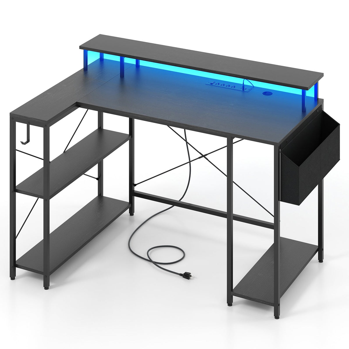 L-Shaped Gaming Desk with LED Lights and Power Outlets-Black