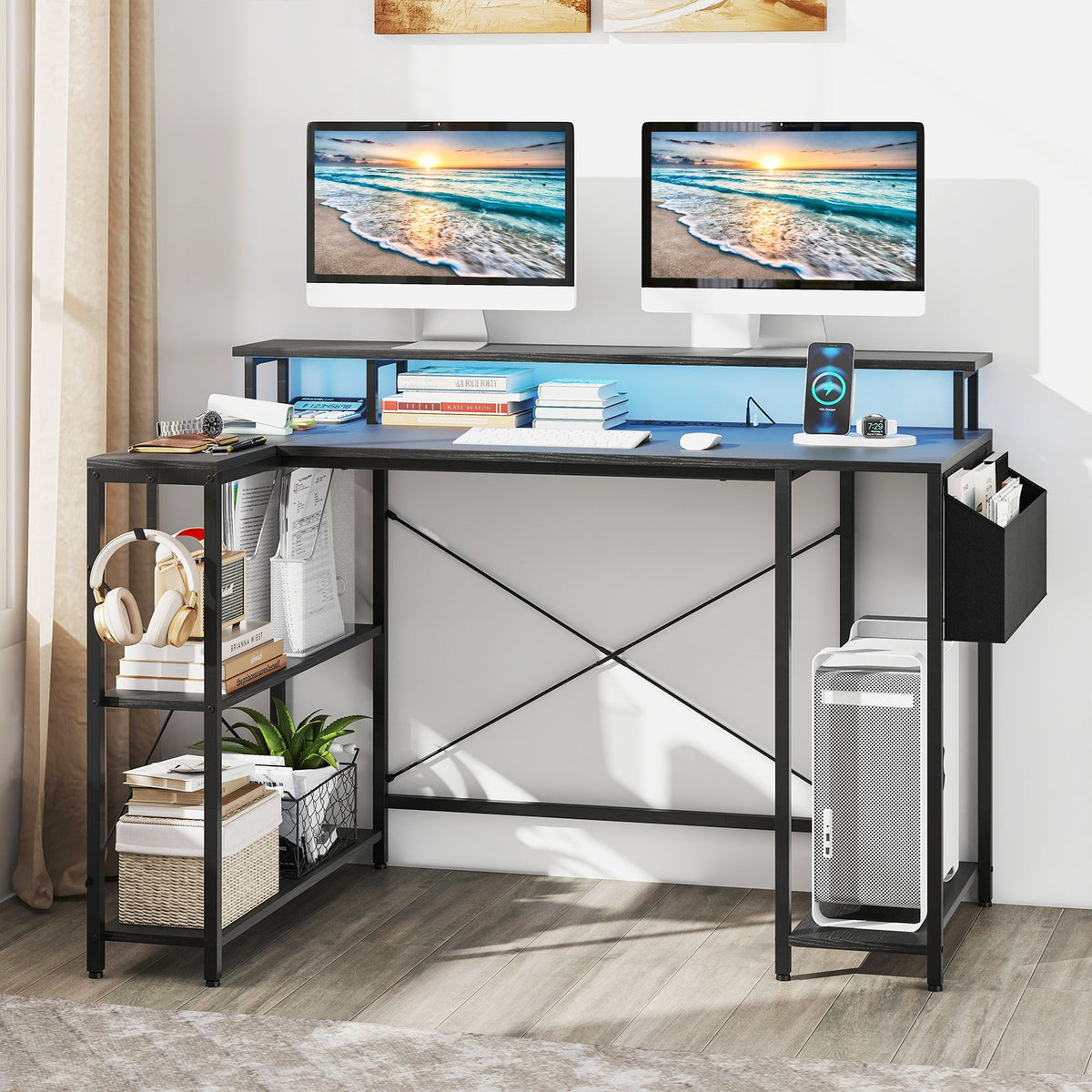 L-Shaped Gaming Desk with LED Lights and Power Outlets-Black view 2