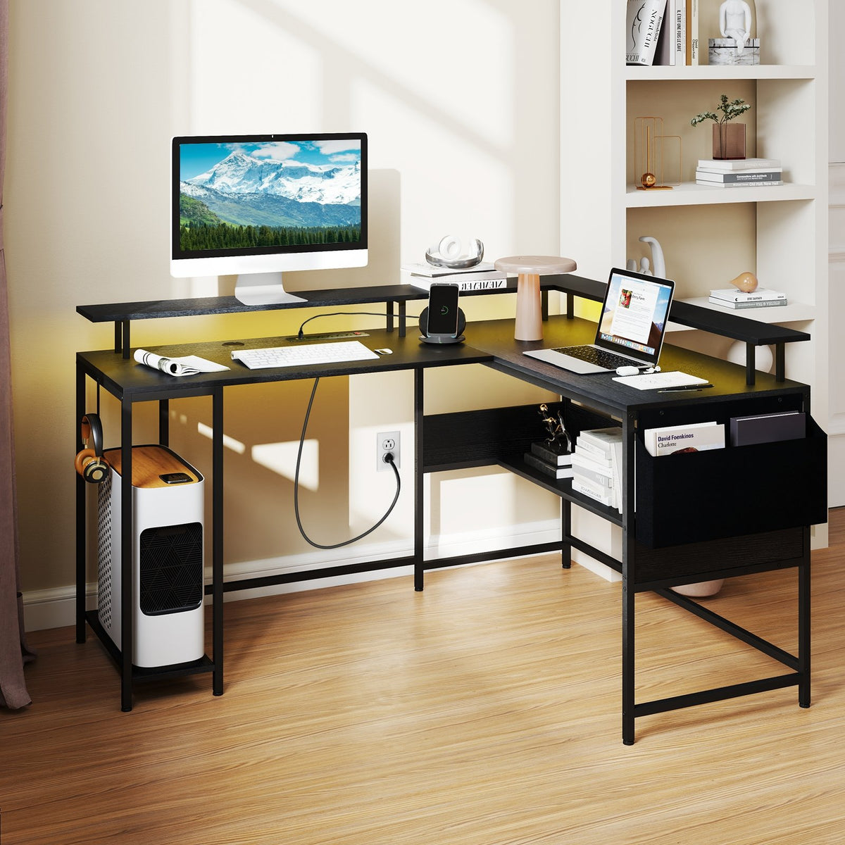 L-Shaped Gaming Desk with LED Lights and Power Outlets Home Office Computer Desk-Black view 2