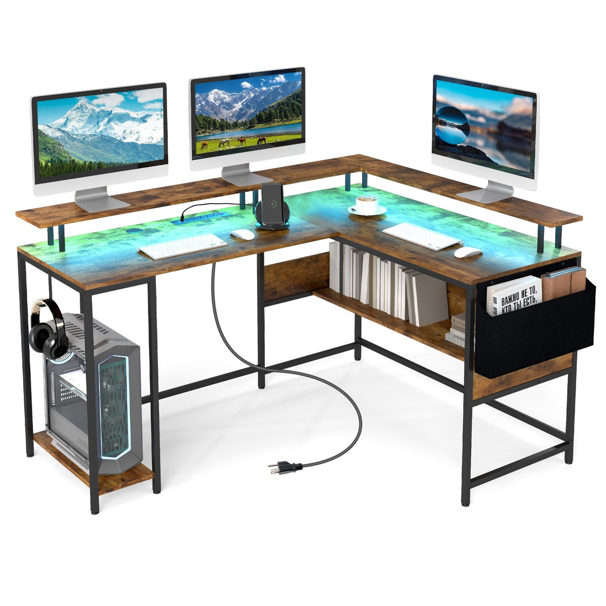 L-Shaped Gaming Desk with LED Lights and Power Outlets Home Office Computer Desk-Rustic Brown