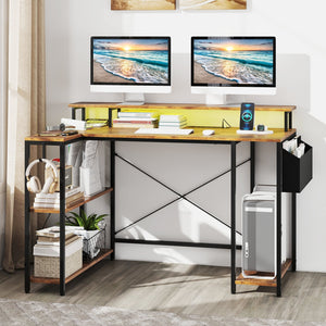 L-Shaped Gaming Desk with LED Lights and Power Outlets-Rustic Brown view 2