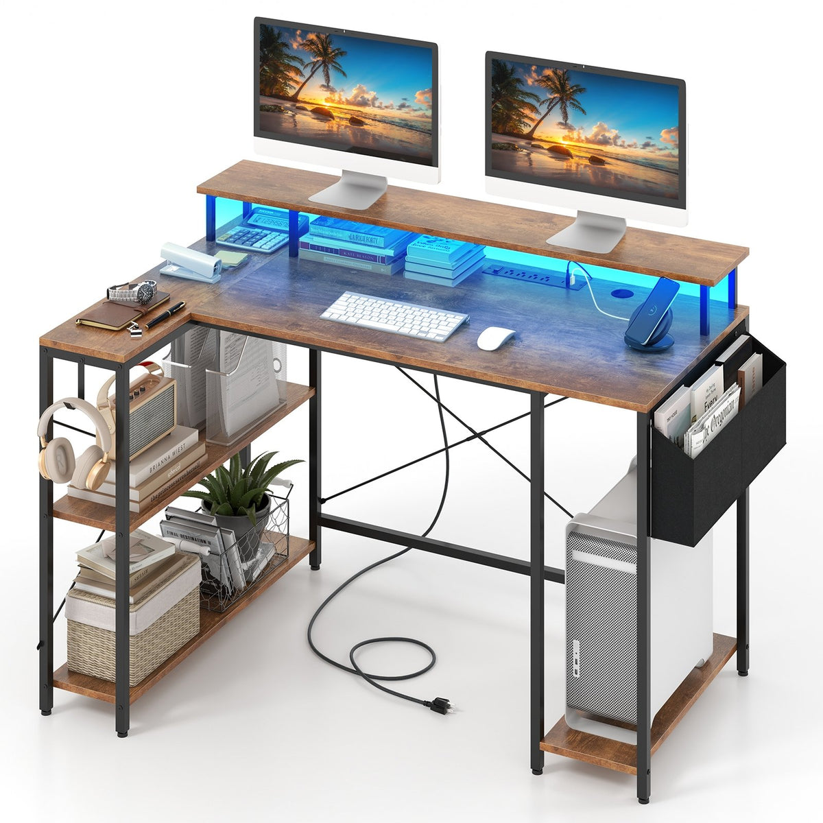 L-Shaped Gaming Desk with LED Lights and Power Outlets-Rustic Brown view 4
