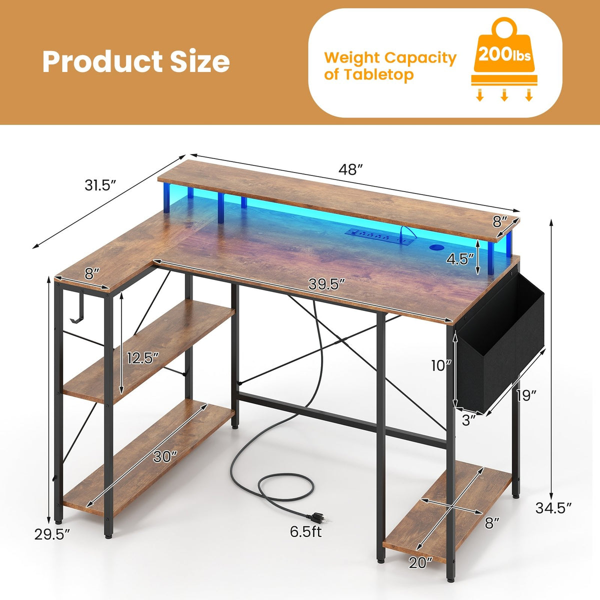 L-Shaped Gaming Desk with LED Lights and Power Outlets-Rustic Brown view 5