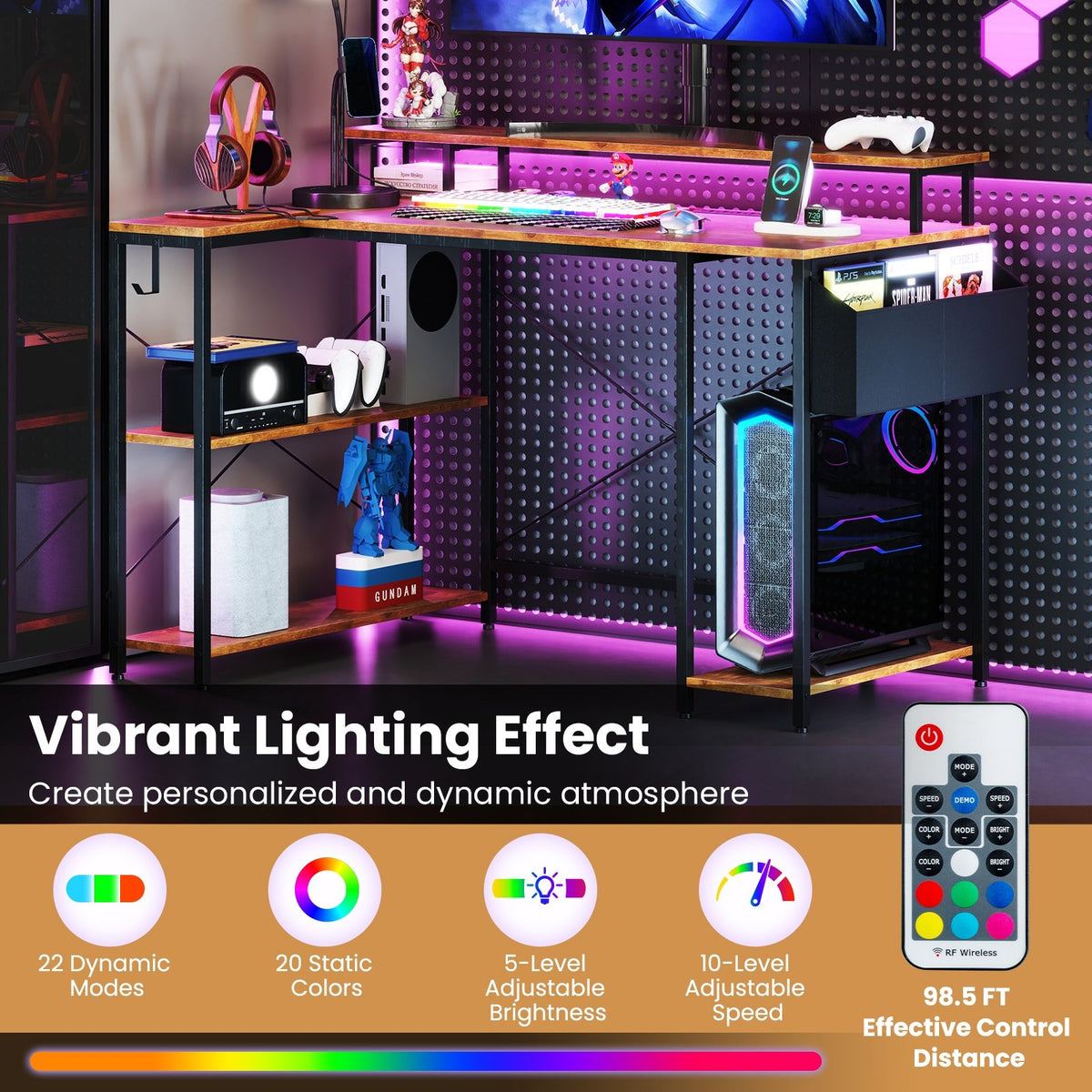 L-Shaped Gaming Desk with LED Lights and Power Outlets-Rustic Brown view 6