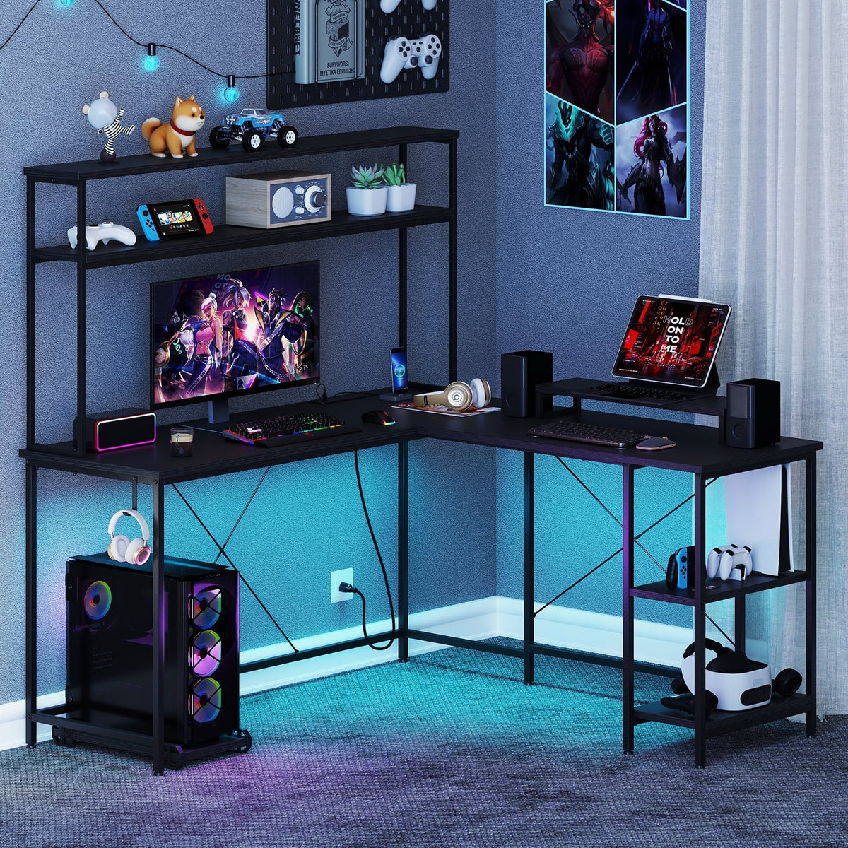 L-Shaped Reversible Gaming Desk with LED Strip and Power Outlets Hutch Monitor Stand-Black view 3