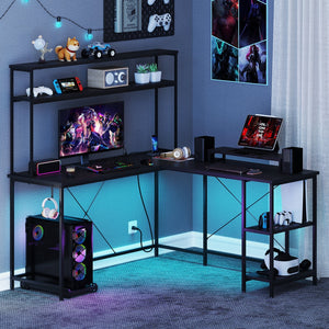 L-Shaped Reversible Gaming Desk with LED Strip and Power Outlets Hutch Monitor Stand-Black view 3