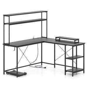 L-Shaped Reversible Gaming Desk with LED Strip and Power Outlets Hutch Monitor Stand-Black view 4