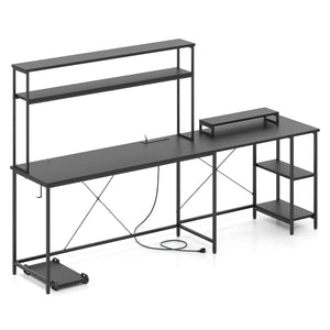 L-Shaped Reversible Gaming Desk with LED Strip and Power Outlets Hutch Monitor Stand-Black view 6