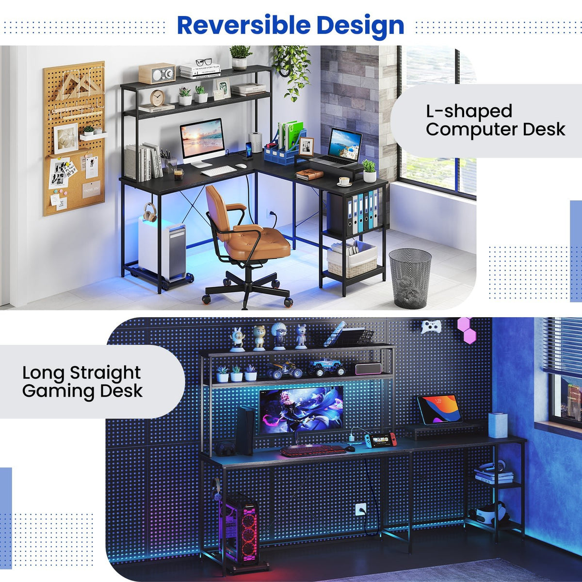 L-Shaped Reversible Gaming Desk with LED Strip and Power Outlets Hutch Monitor Stand-Black view 7