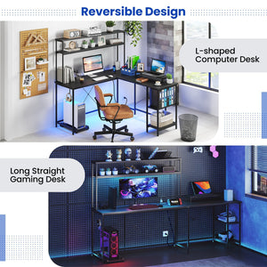 L-Shaped Reversible Gaming Desk with LED Strip and Power Outlets Hutch Monitor Stand-Black view 7