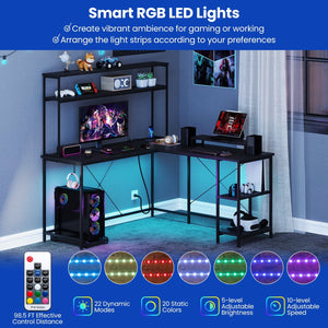 L-Shaped Reversible Gaming Desk with LED Strip and Power Outlets Hutch Monitor Stand-Black view 9