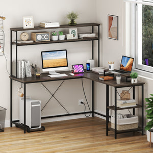 L-Shaped Reversible Gaming Desk with LED Strip and Power Outlets Hutch Monitor Stand-Gray view 2