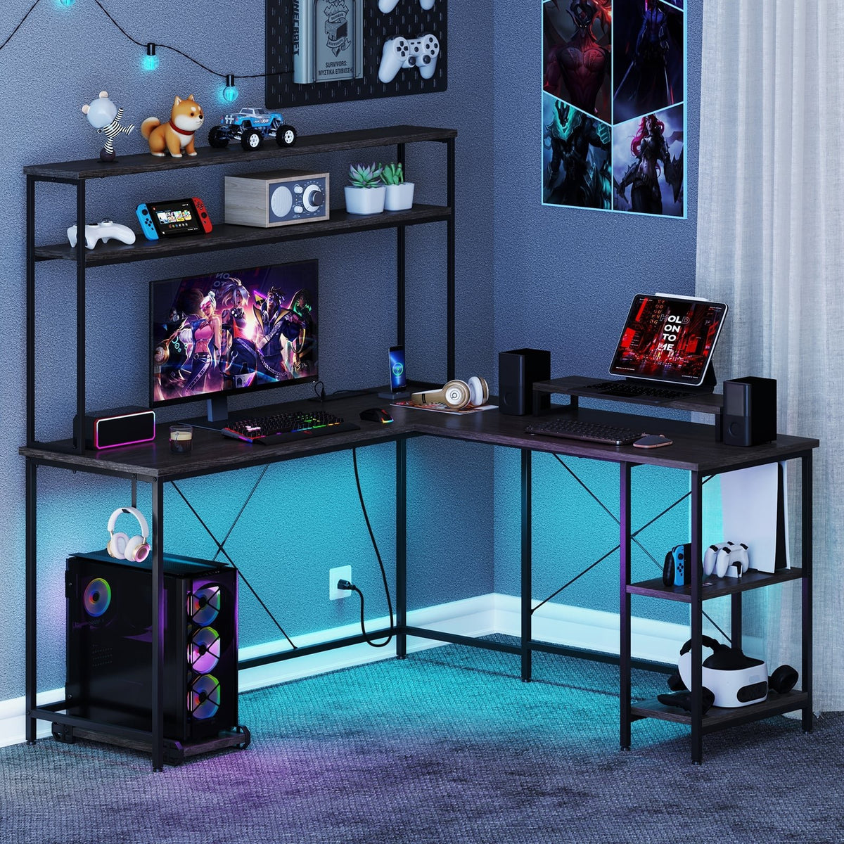 L-Shaped Reversible Gaming Desk with LED Strip and Power Outlets Hutch Monitor Stand-Gray view 3
